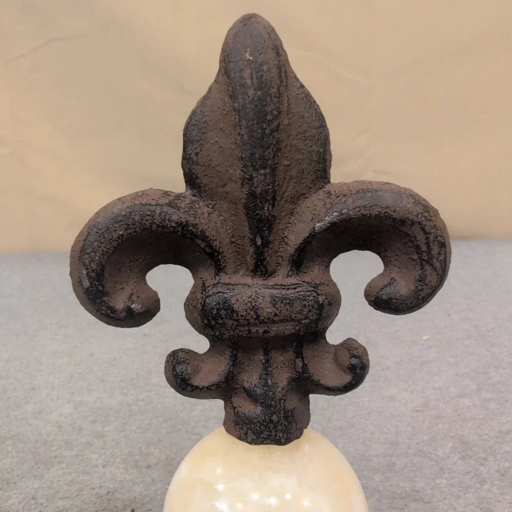 Cast Iron and Stone Fleur-de-Lis Scrollwork Finials Set of 2 Brown Cream - Picture 4 of 8